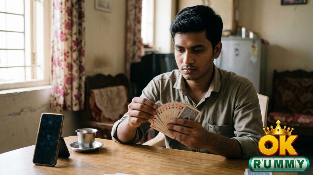 ok rummy game — player arranging rummy cards into sequences beside a phone