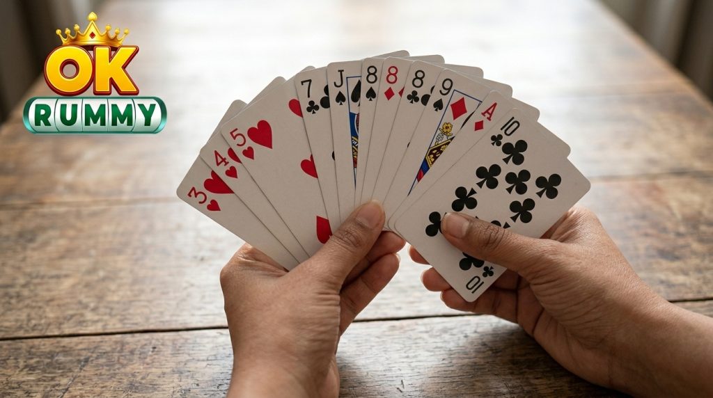how to play ok rummy — close-up of a 13-card rummy hand with a pure sequence