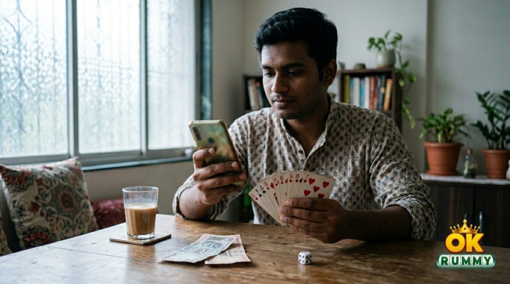 ok rummy game — player browsing rummy formats and other games on a phone